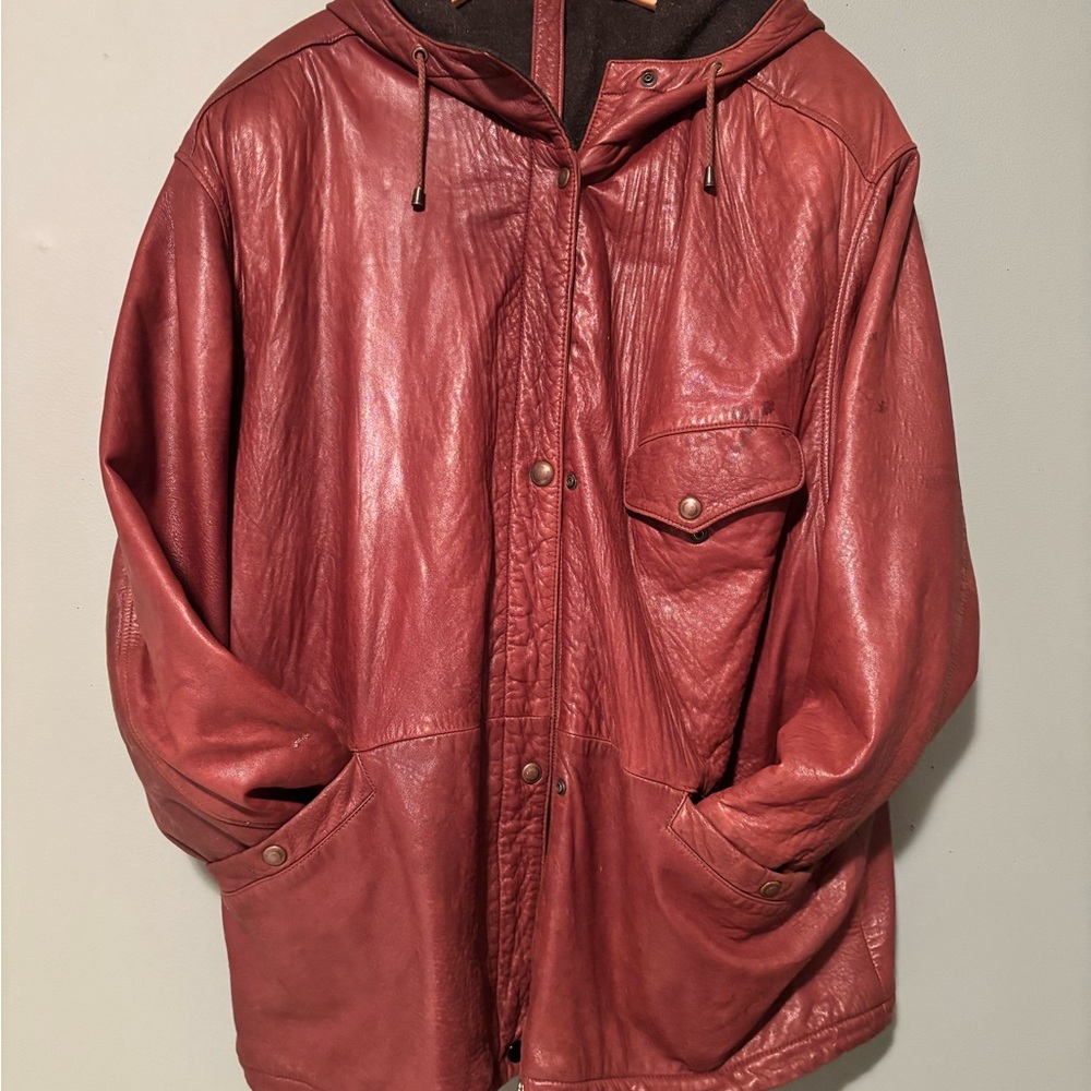 Men's Classic Red Leather Hooded Jacket